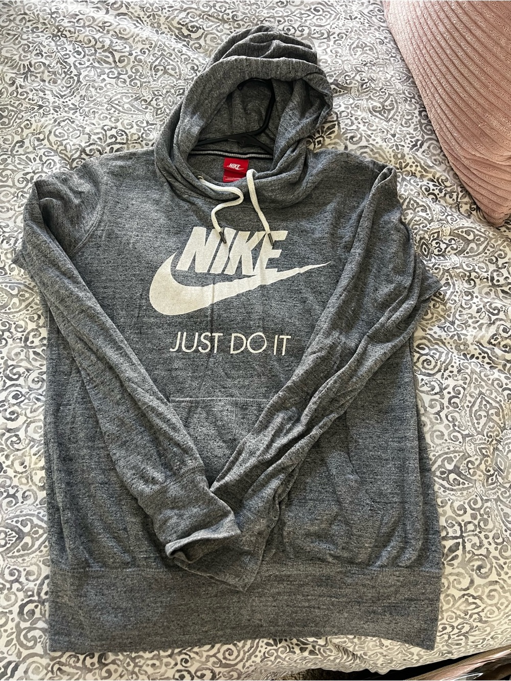 Nike Gray Heather Zip-Up Style Hooded Sweatshirt with White Logo
